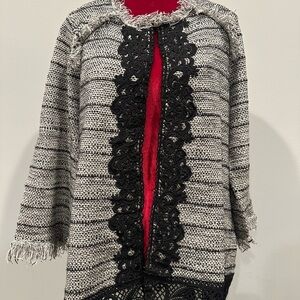Chico's Black & Cream Tweed Knit Top with Metallic Eyelash Trim